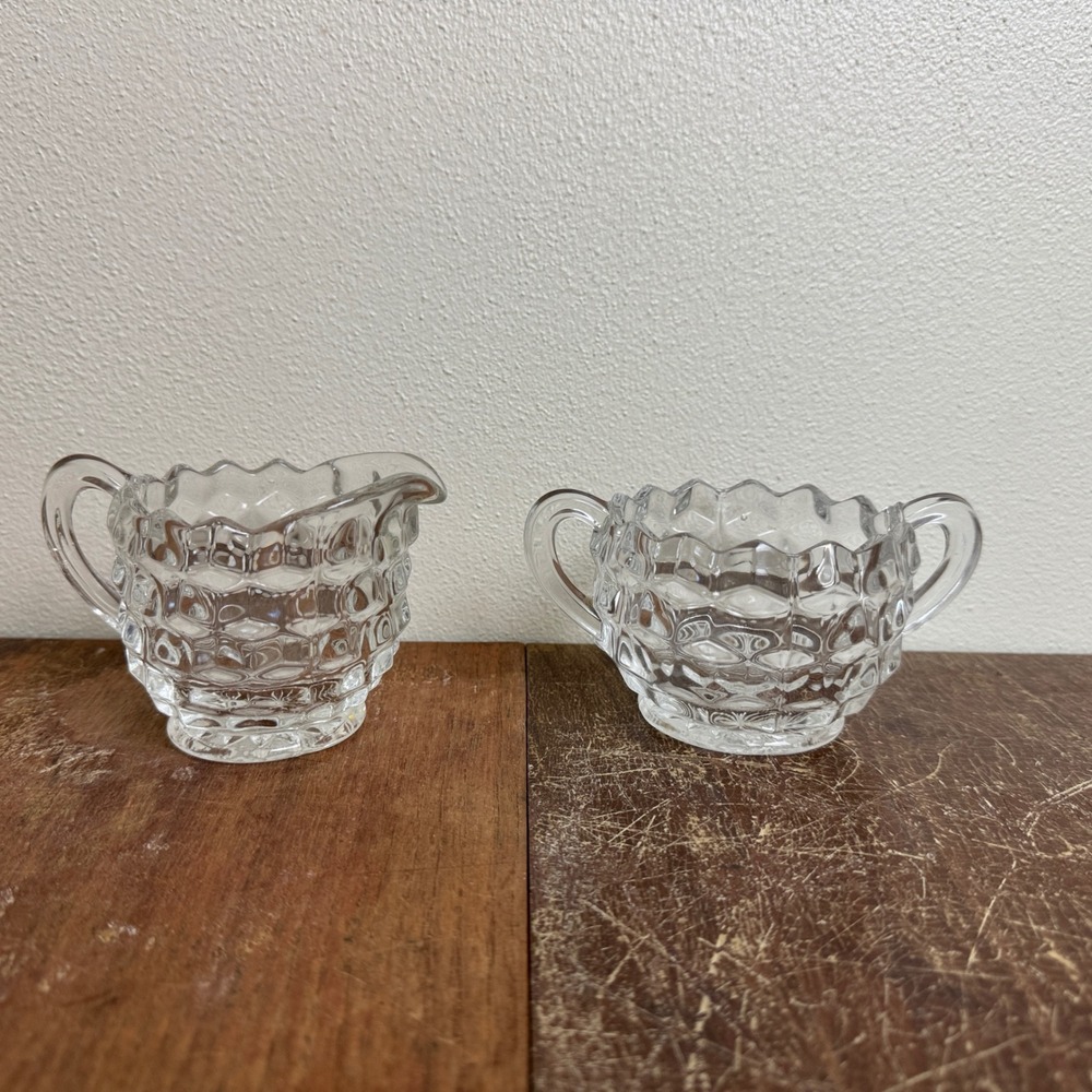 Vintage Fostoria American Clear‎ Glass Creamer and Sugar Bowl Set Cubist Pattern